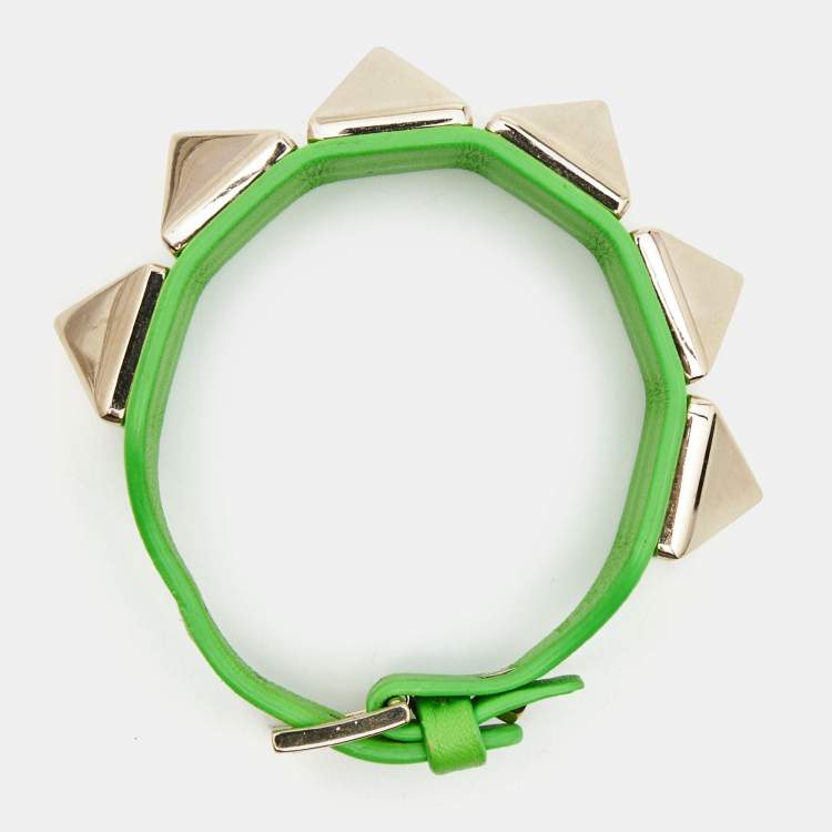 Pre Owned Valentino Rockstud Neon Green Gold Tone Wrap Bracelet