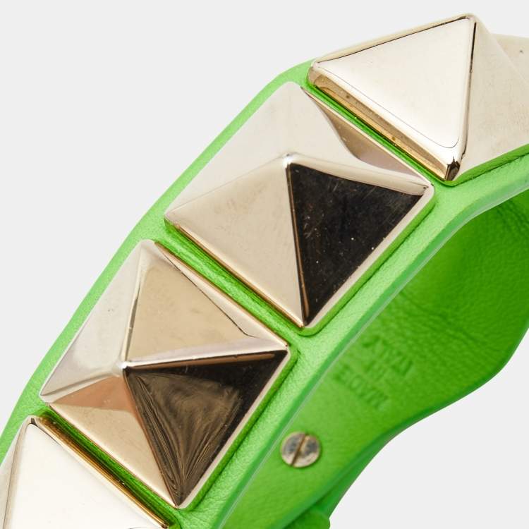 Pre Owned Valentino Rockstud Neon Green Gold Tone Wrap Bracelet