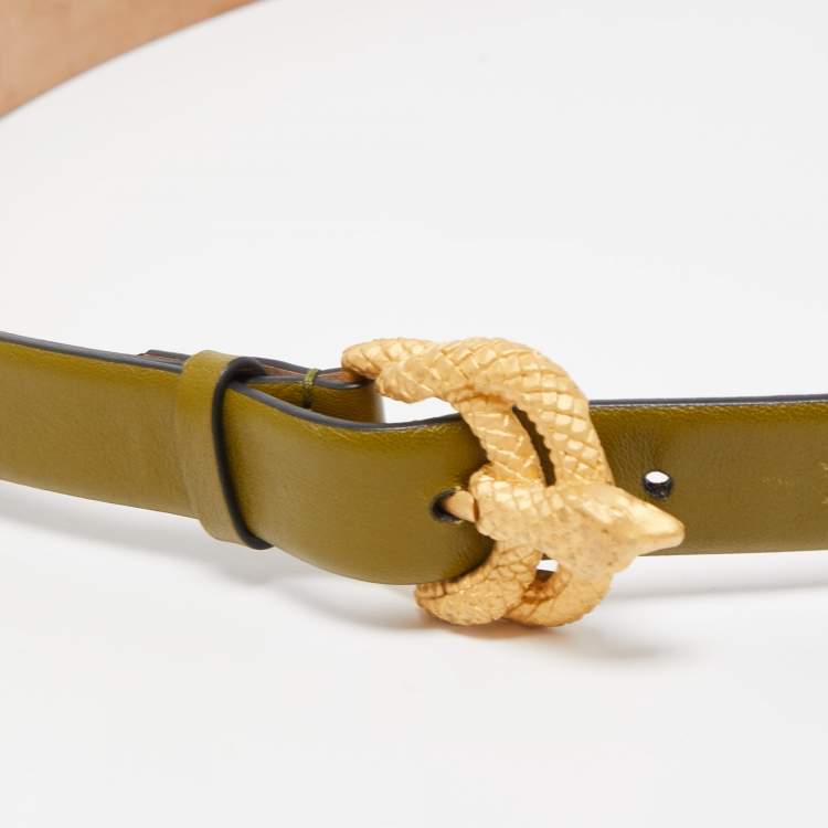 Pre Owned Valentino Green Leather Snake Buckle Belt 90CM