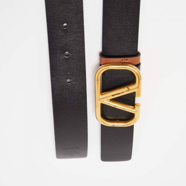 Pre Owned Valentino Black/Brown Leather V Logo Belt Size 75CM