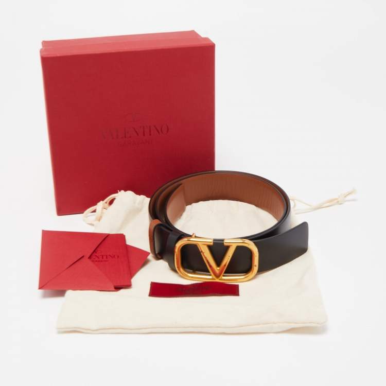 Pre Owned Valentino Black/Brown Leather V Logo Belt Size 75CM