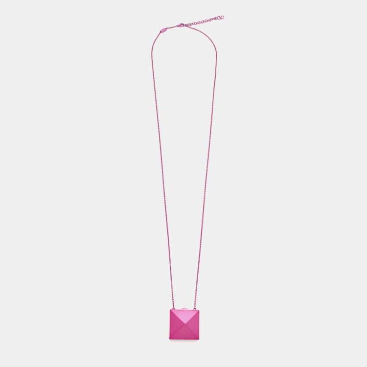 Pre Owned Valentino Purple Pink Rockstud Mirror Box Pendant Chain Necklace