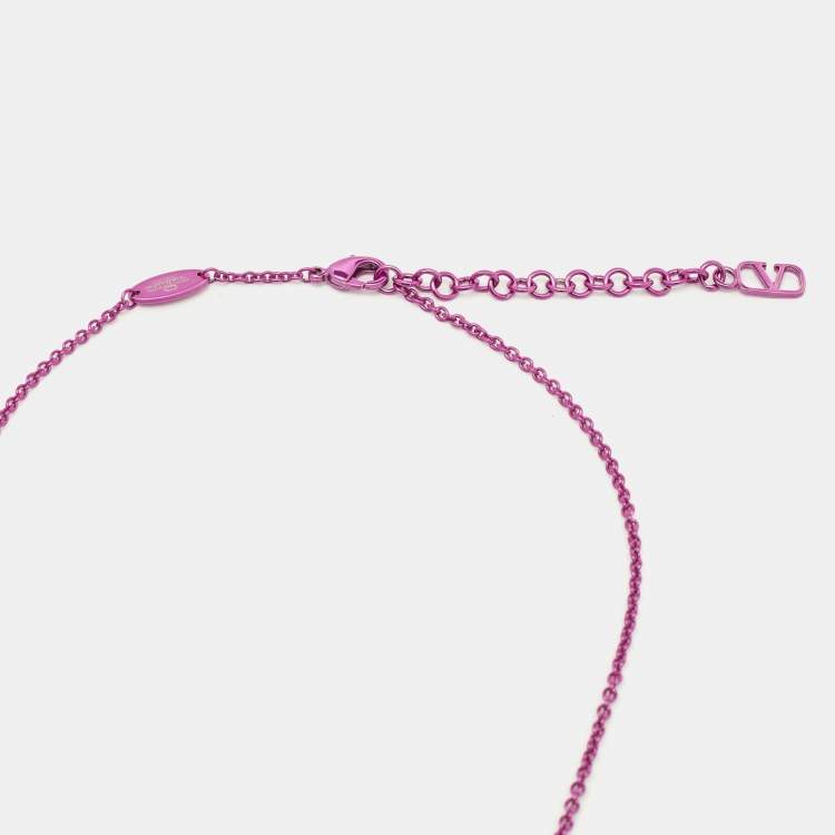 Pre Owned Valentino Purple Pink Rockstud Mirror Box Pendant Chain Necklace