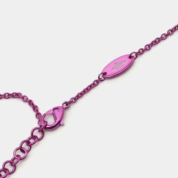 Pre Owned Valentino Purple Pink Rockstud Mirror Box Pendant Chain Necklace