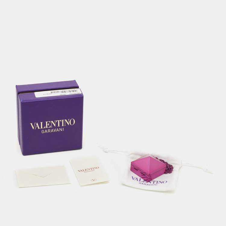Pre Owned Valentino Purple Pink Rockstud Mirror Box Pendant Chain Necklace