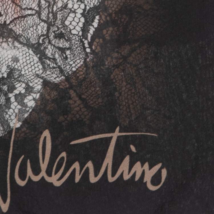 Pre Owned Valentino Black Rose Printed Silk Scarf