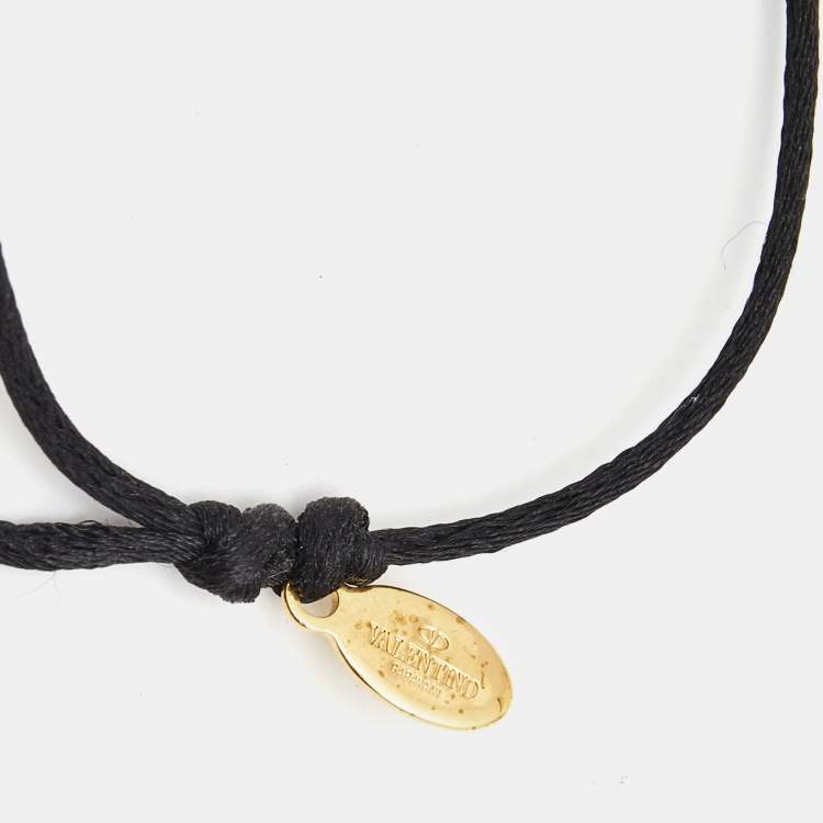 Pre Owned Valentino  VLogo Crystal-Embellished Gold Tone Cord Bracelet