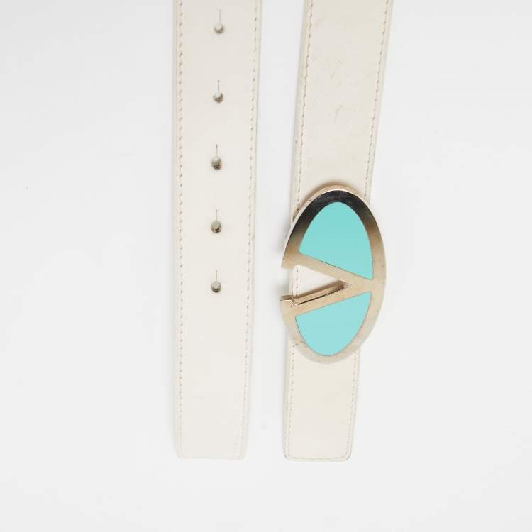 Pre Owned Valentino White Leather VLogo Plate Buckle Belt 90CM