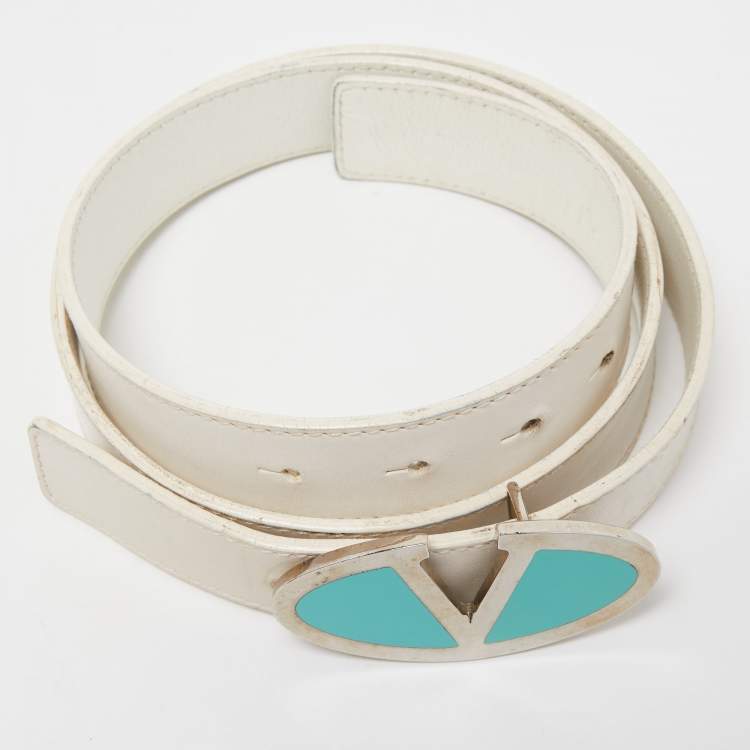 Pre Owned Valentino White Leather VLogo Plate Buckle Belt 90CM
