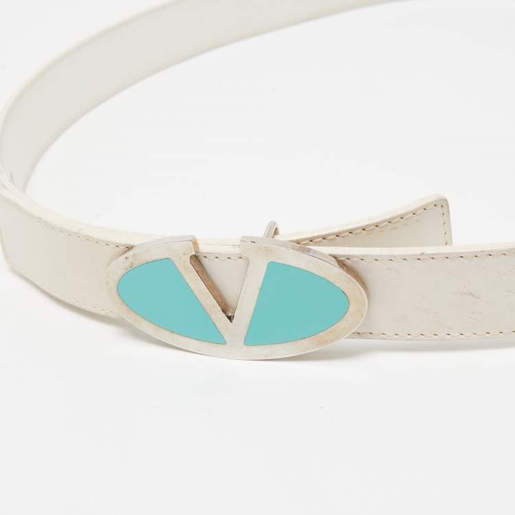 Pre Owned Valentino White Leather VLogo Plate Buckle Belt 90CM
