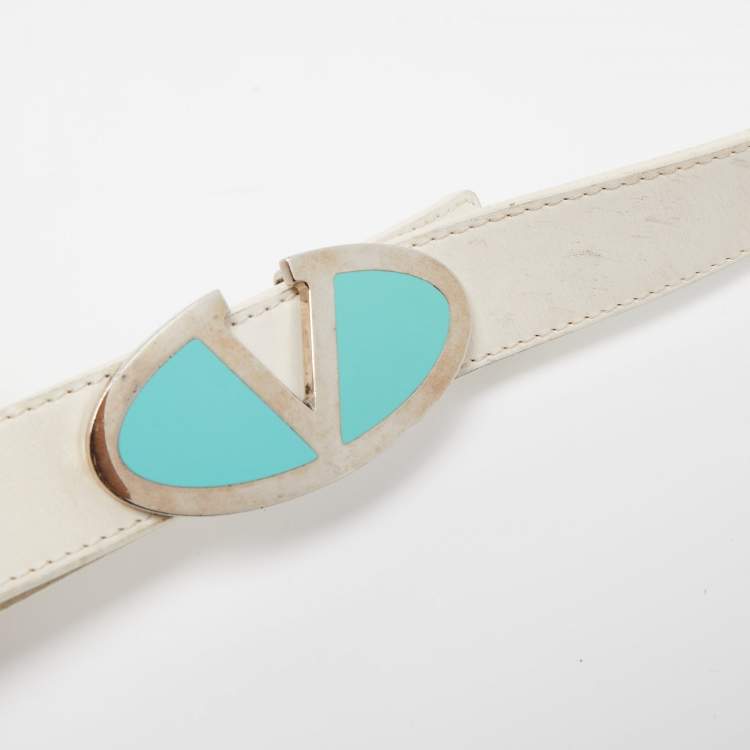 Pre Owned Valentino White Leather VLogo Plate Buckle Belt 90CM