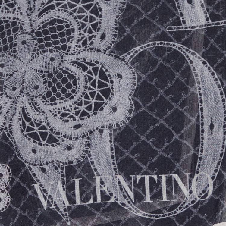 Pre Owned Valentino Black Logo & Floral Printed Silk Scarf