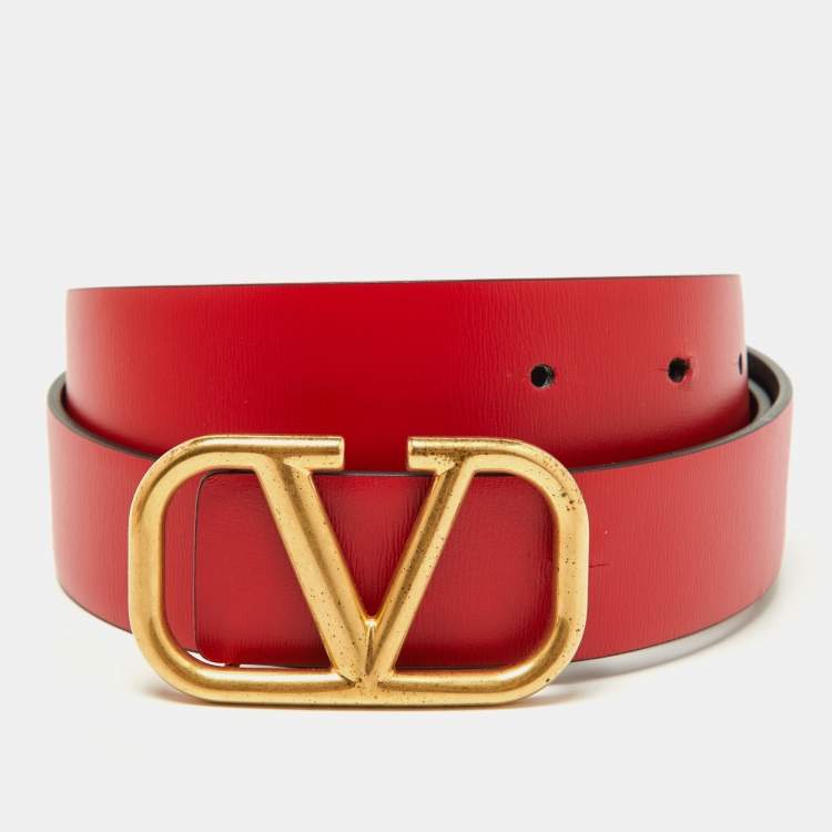 Pre Owned Valentino Black/Red Leather VLogo Reversible Belt 80CM