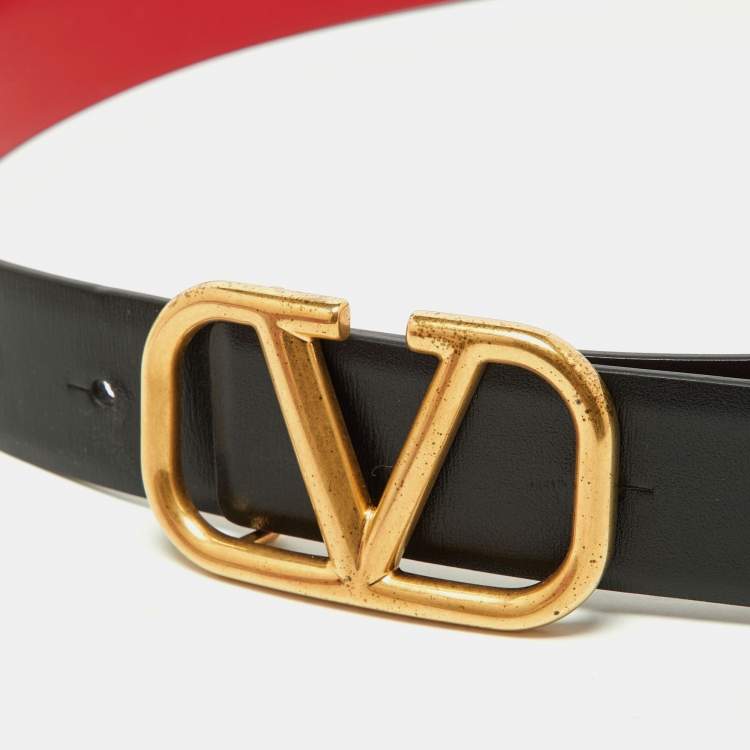 Pre Owned Valentino Black/Red Leather VLogo Reversible Belt 80CM