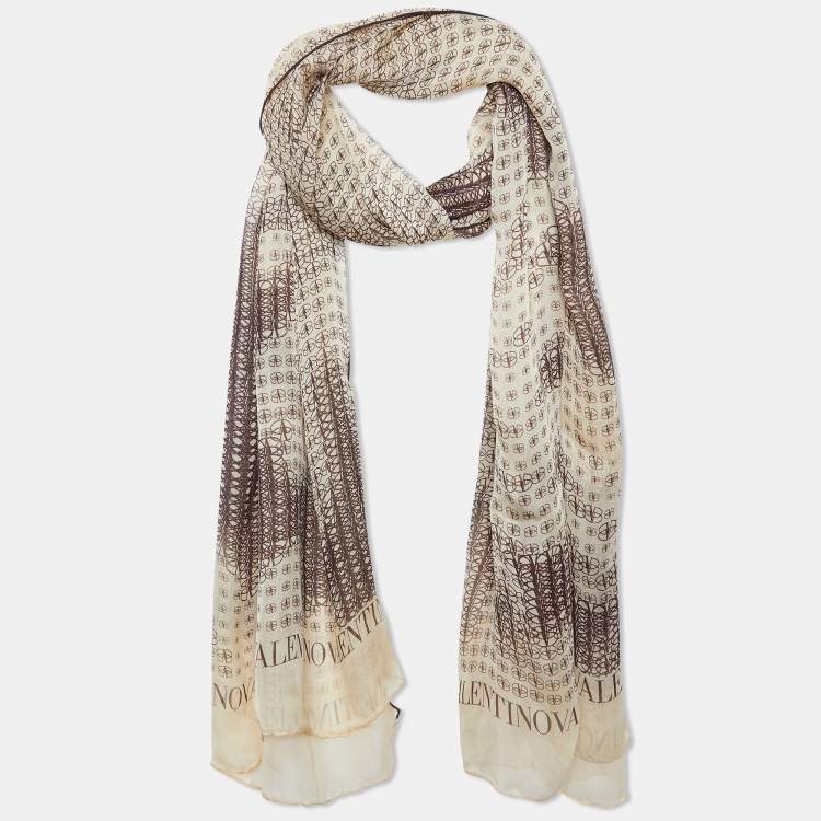 Pre Owned Valentino Cream Logo Printed Silk Scarf