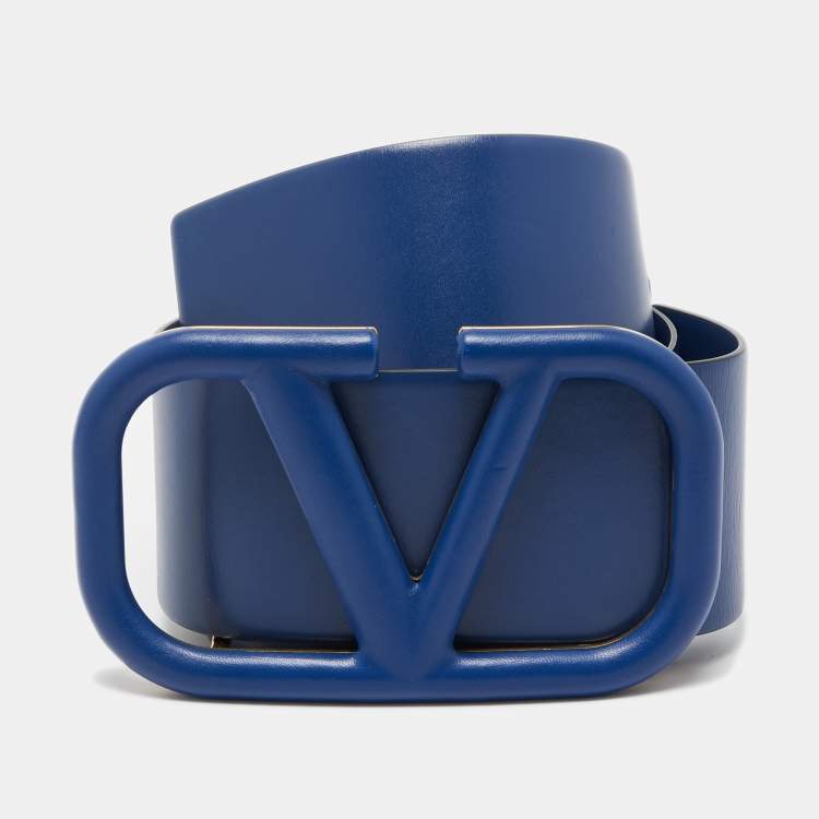 Pre Owned Valentino Blue Leather VLogo Waist Belt 70 CM