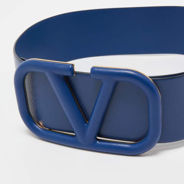 Pre Owned Valentino Blue Leather VLogo Waist Belt 70 CM