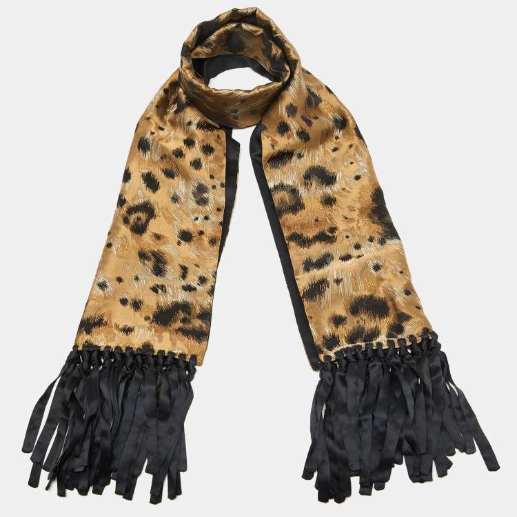 Pre Owned Valentino Gold & Black Silk Jacquard & Satin Two Faced Fringed Scarf