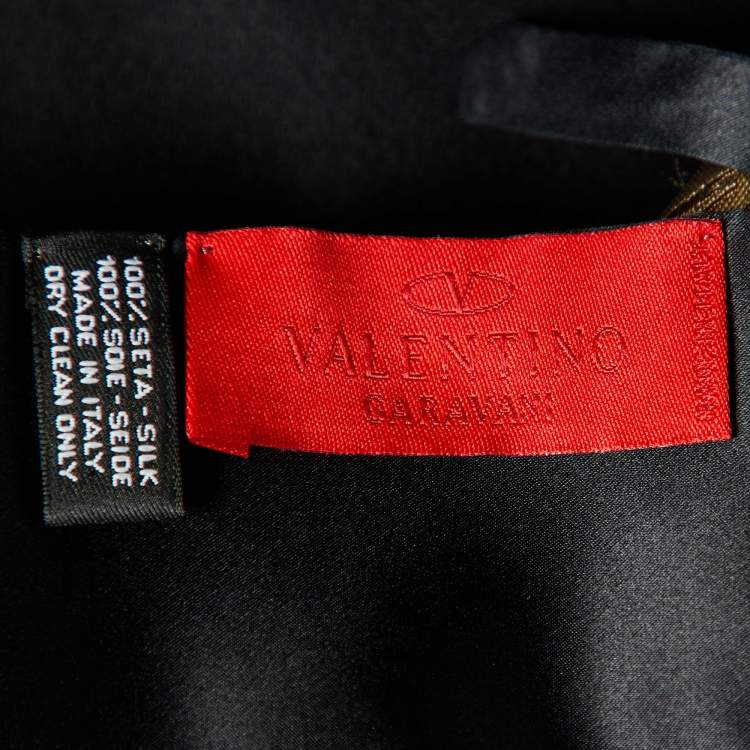 Pre Owned Valentino Gold & Black Silk Jacquard & Satin Two Faced Fringed Scarf
