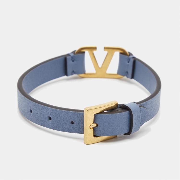 Pre Owned Valentino Blue Leather VLogo Gold Tone Bracelet