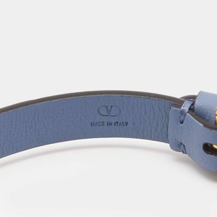 Pre Owned Valentino Blue Leather VLogo Gold Tone Bracelet