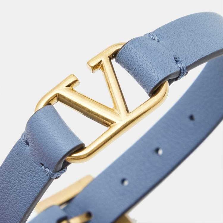 Pre Owned Valentino Blue Leather VLogo Gold Tone Bracelet