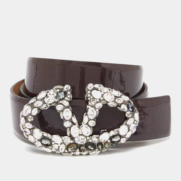 Pre Owned Valentino Plum Patent Leather VLogo Crystals Buckle Belt 95CM