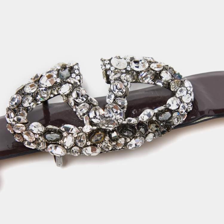Pre Owned Valentino Plum Patent Leather VLogo Crystals Buckle Belt 95CM