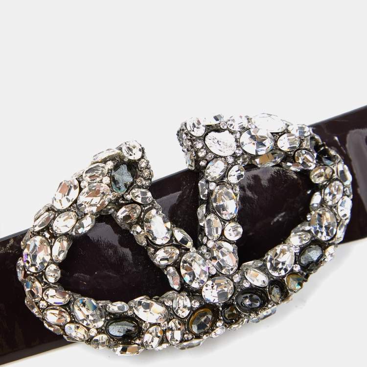 Pre Owned Valentino Plum Patent Leather VLogo Crystals Buckle Belt 95CM