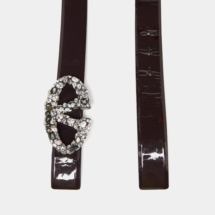 Pre Owned Valentino Plum Patent Leather VLogo Crystals Buckle Belt 95CM