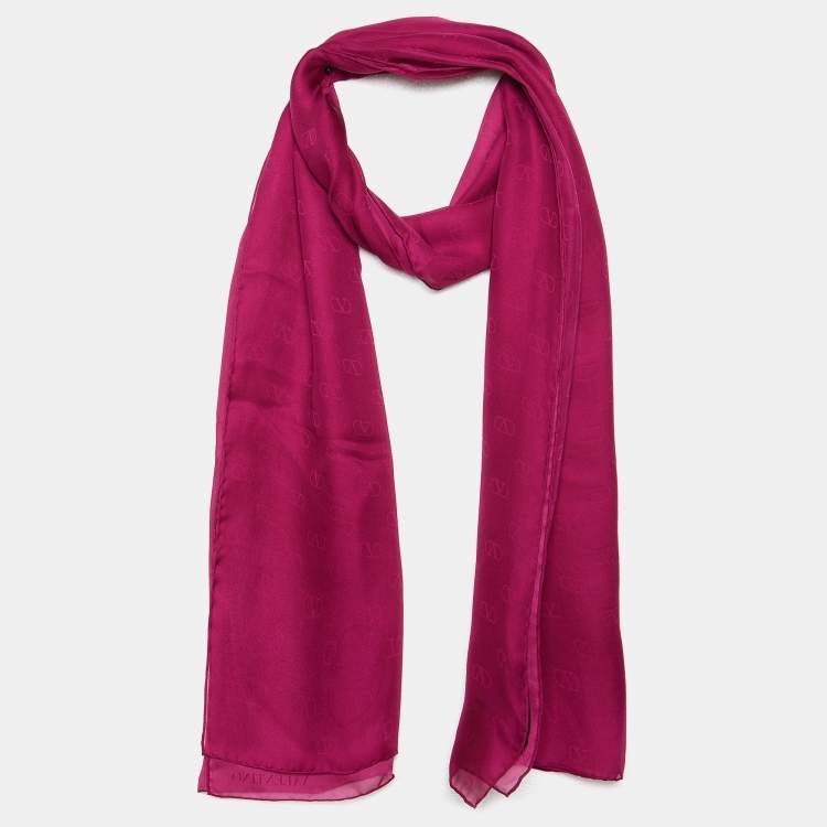 Pre Owned Valentino Dark Pink Vlogo Silk Chiffon Scarf