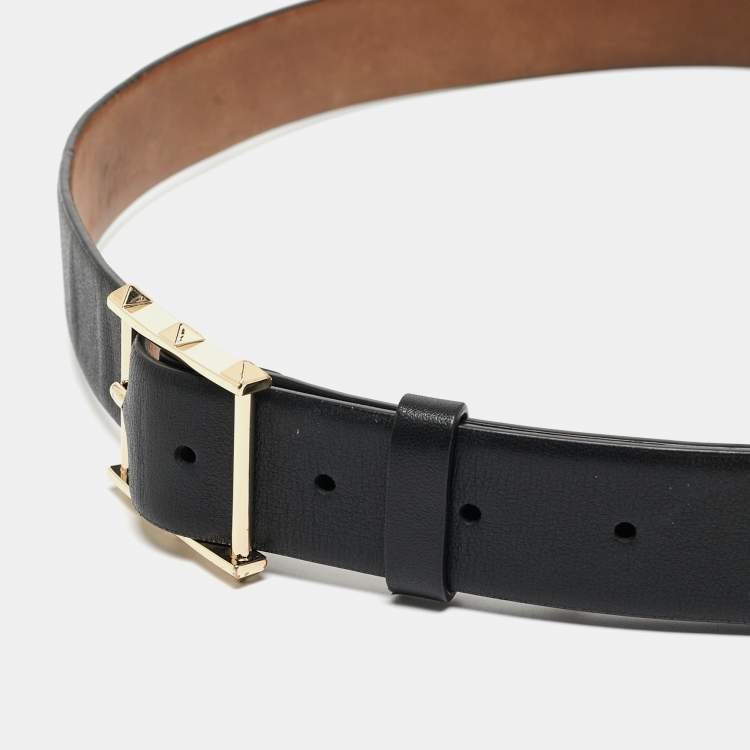 Pre Owned Valentino Black Leather Rockstud Buckle Belt 90CM