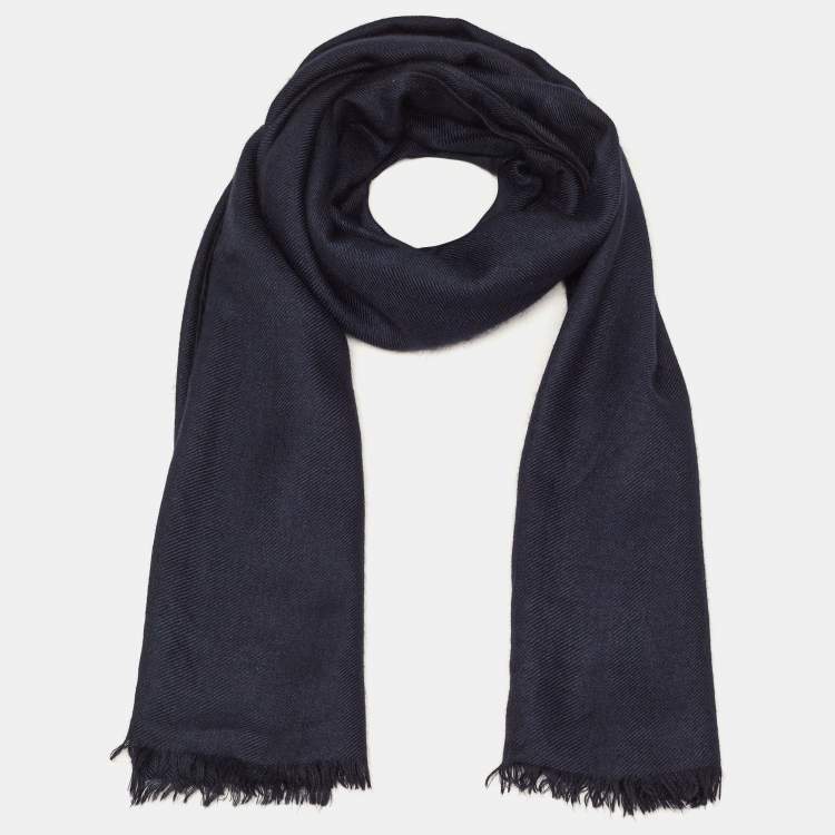 Pre Owned Valentino Miss V Vintage Navy Blue Cashmere and Silk Scarf