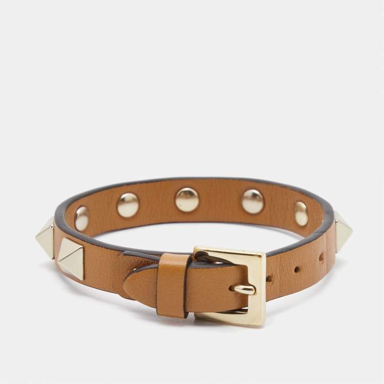 Pre Owned Valentino Rockstud Leather Gold Tone Bracelet