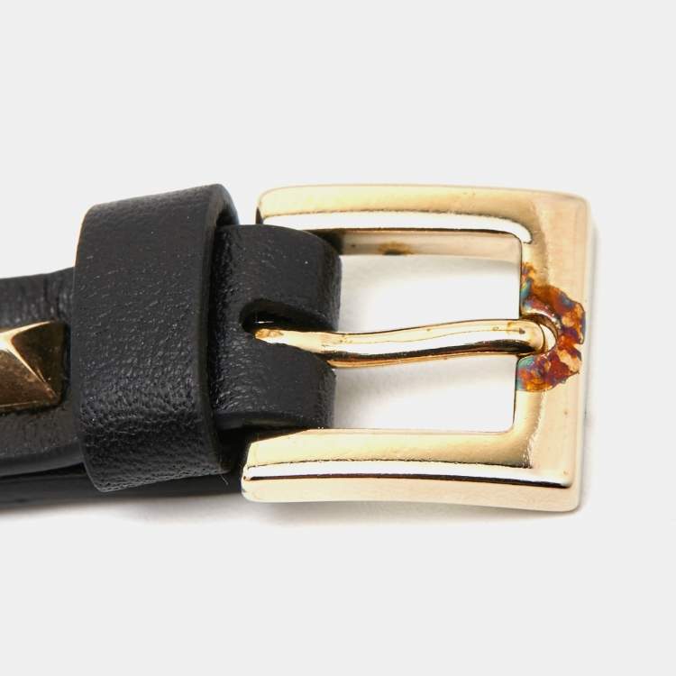 Pre Owned Valentino Rockstud Black Leather Gold Tone Bracelet