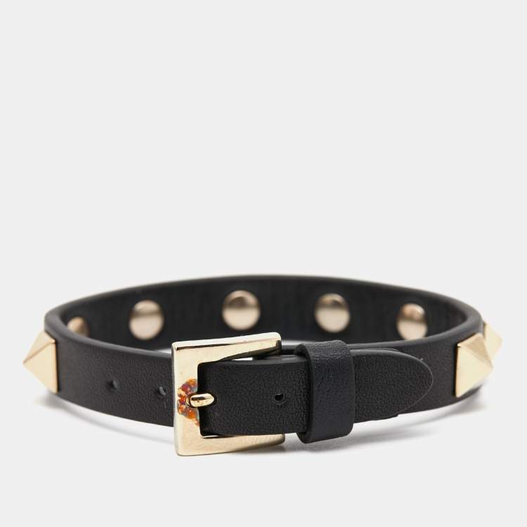 Pre Owned Valentino Rockstud Black Leather Gold Tone Bracelet