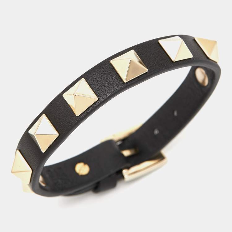 Pre Owned Valentino Rockstud Black Leather Gold Tone Bracelet