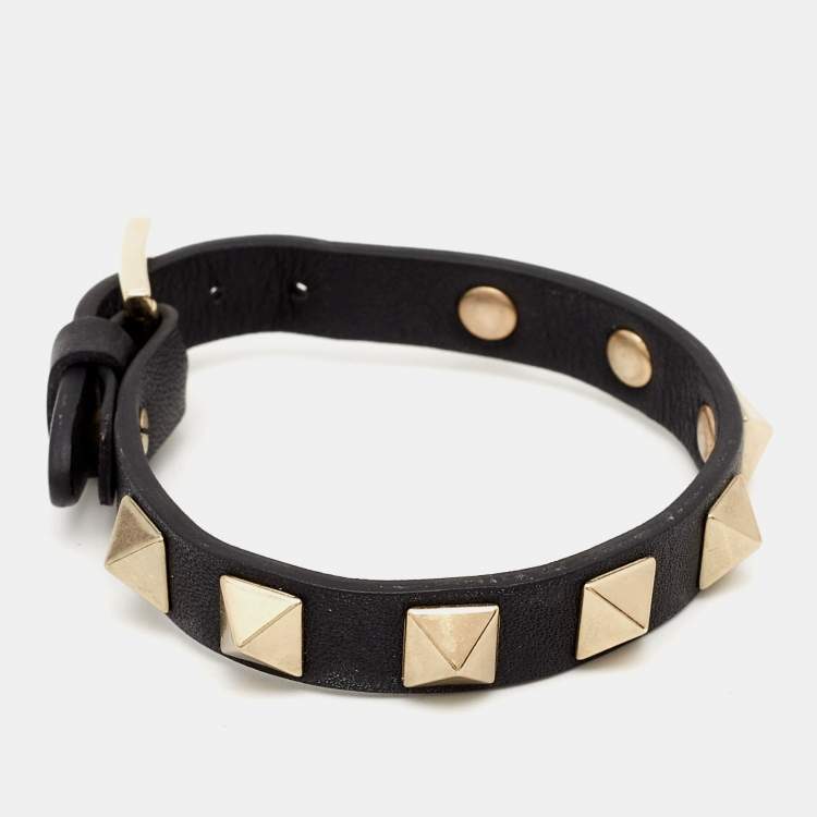 Pre Owned Valentino Rockstud Leather Gold Tone Bracelet