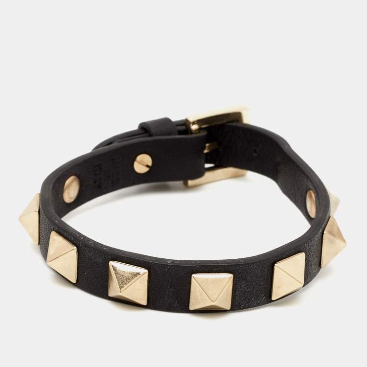 Pre Owned Valentino Rockstud Leather Gold Tone Bracelet