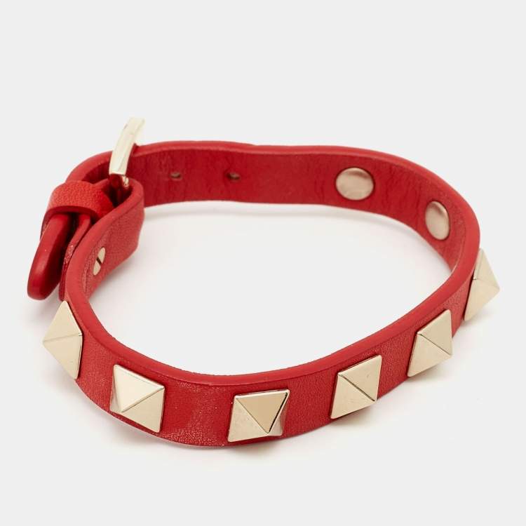 Pre Owned Valentino Rockstud Leather Gold Tone Bracelet