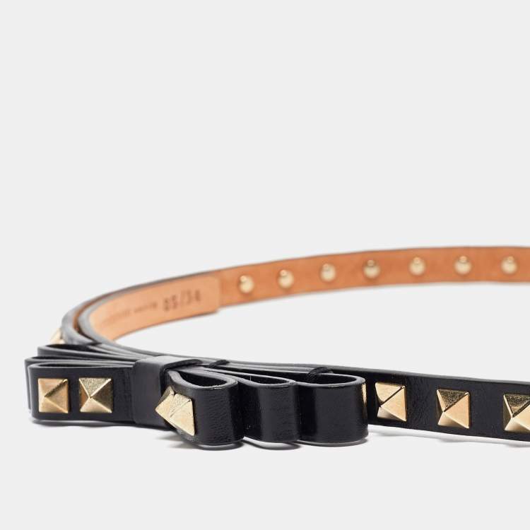 Pre Owned Valentino Black Leather Rockstud Bow Slim Waist Belt 85