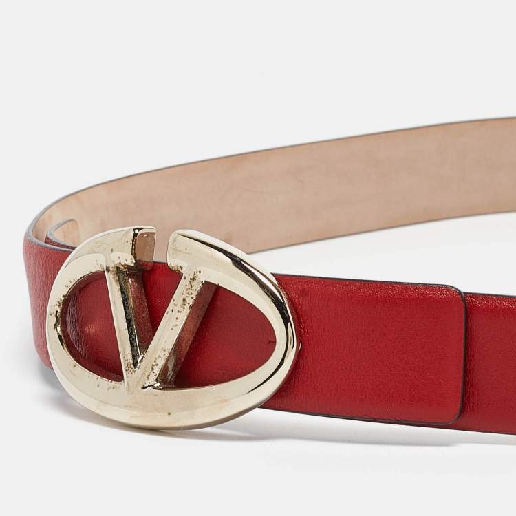 Pre Owned Valentino Red Leather VLogo Buckler Belt 95CM