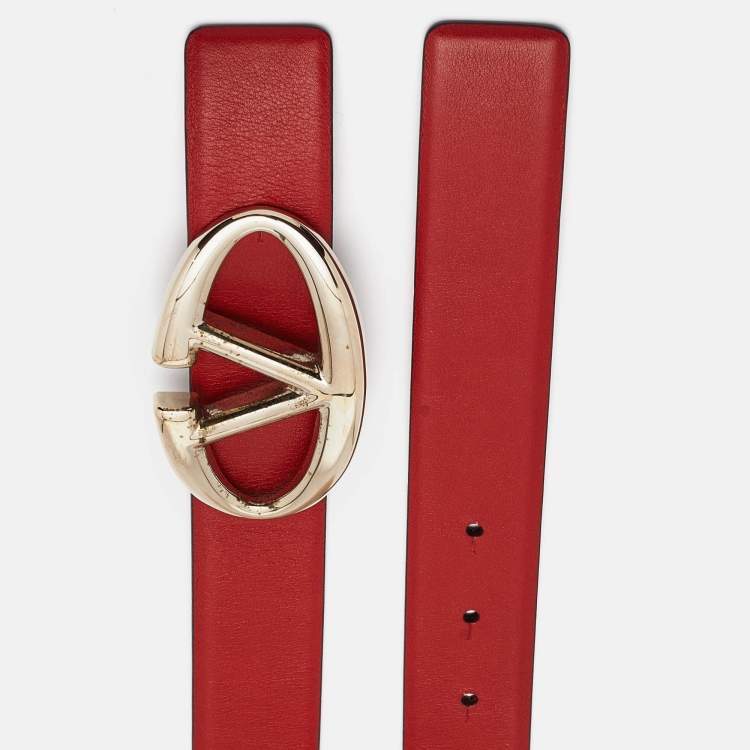 Pre Owned Valentino Red Leather VLogo Buckler Belt 95CM