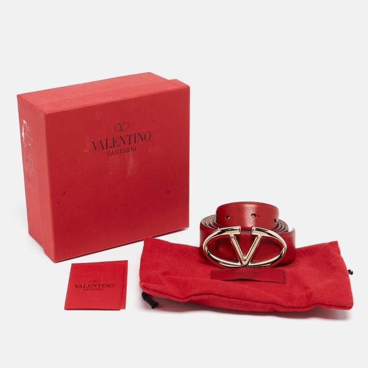 Pre Owned Valentino Red Leather VLogo Buckler Belt 95CM