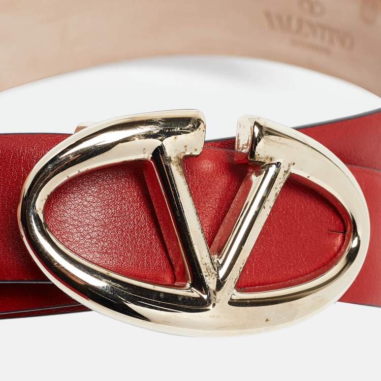 Pre Owned Valentino Red Leather VLogo Buckler Belt 95CM