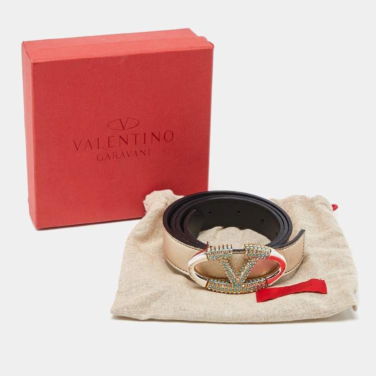 Pre Owned Valentino Gold/Black Leather Crystal Embellished V Logo Belt 90CM