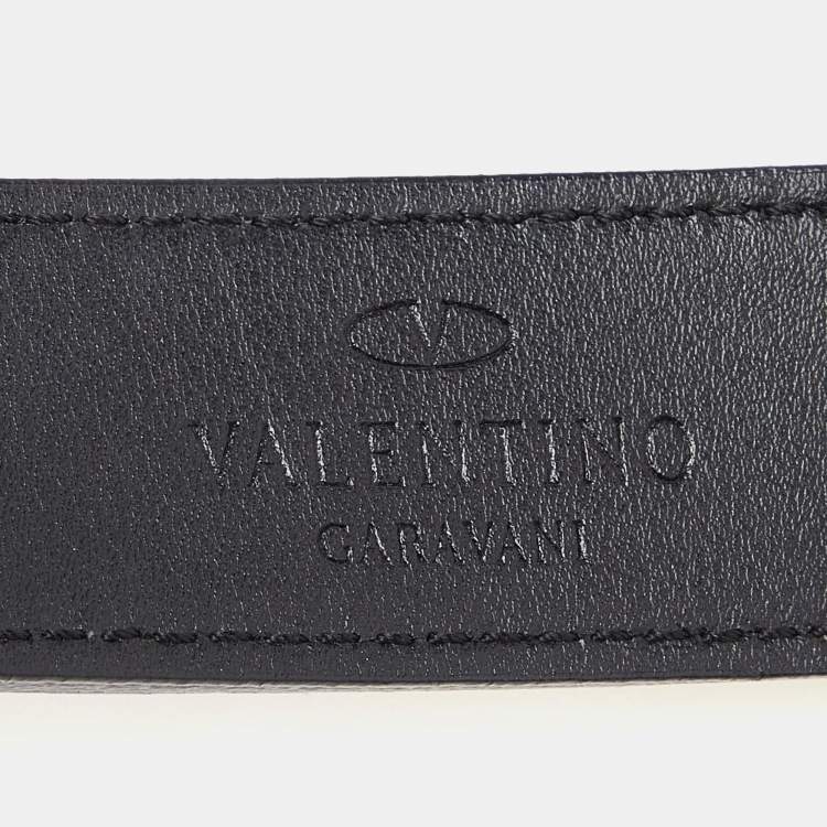 Pre Owned Valentino Gold/Black Leather Crystal Embellished V Logo Belt 90CM