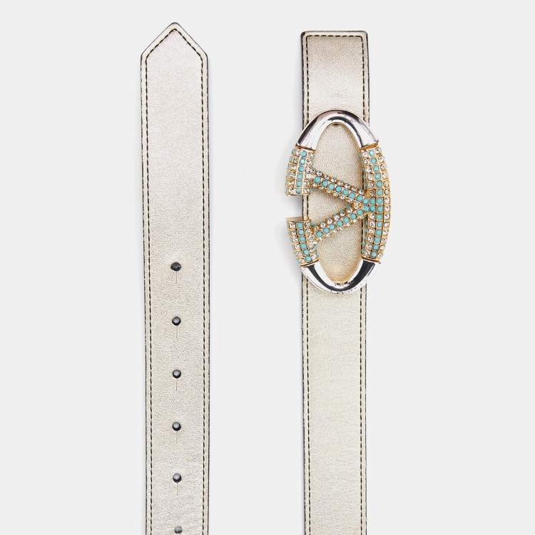 Pre Owned Valentino Gold/Black Leather Crystal Embellished V Logo Belt 90CM