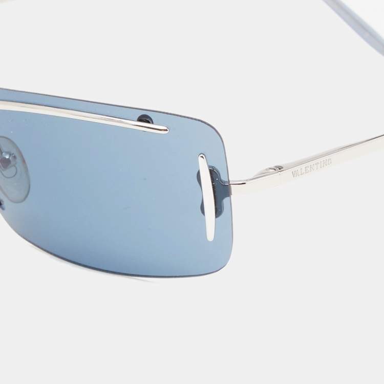Pre Owned Valentino Silver Tone/Blue 5164/S Rectangle Rimless Sunglasses