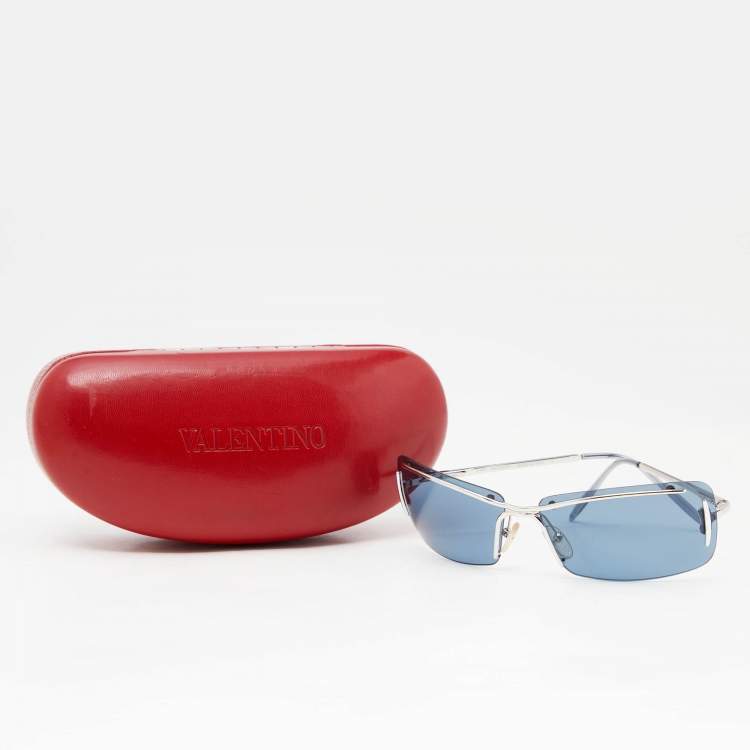 Pre Owned Valentino Silver Tone/Blue 5164/S Rectangle Rimless Sunglasses
